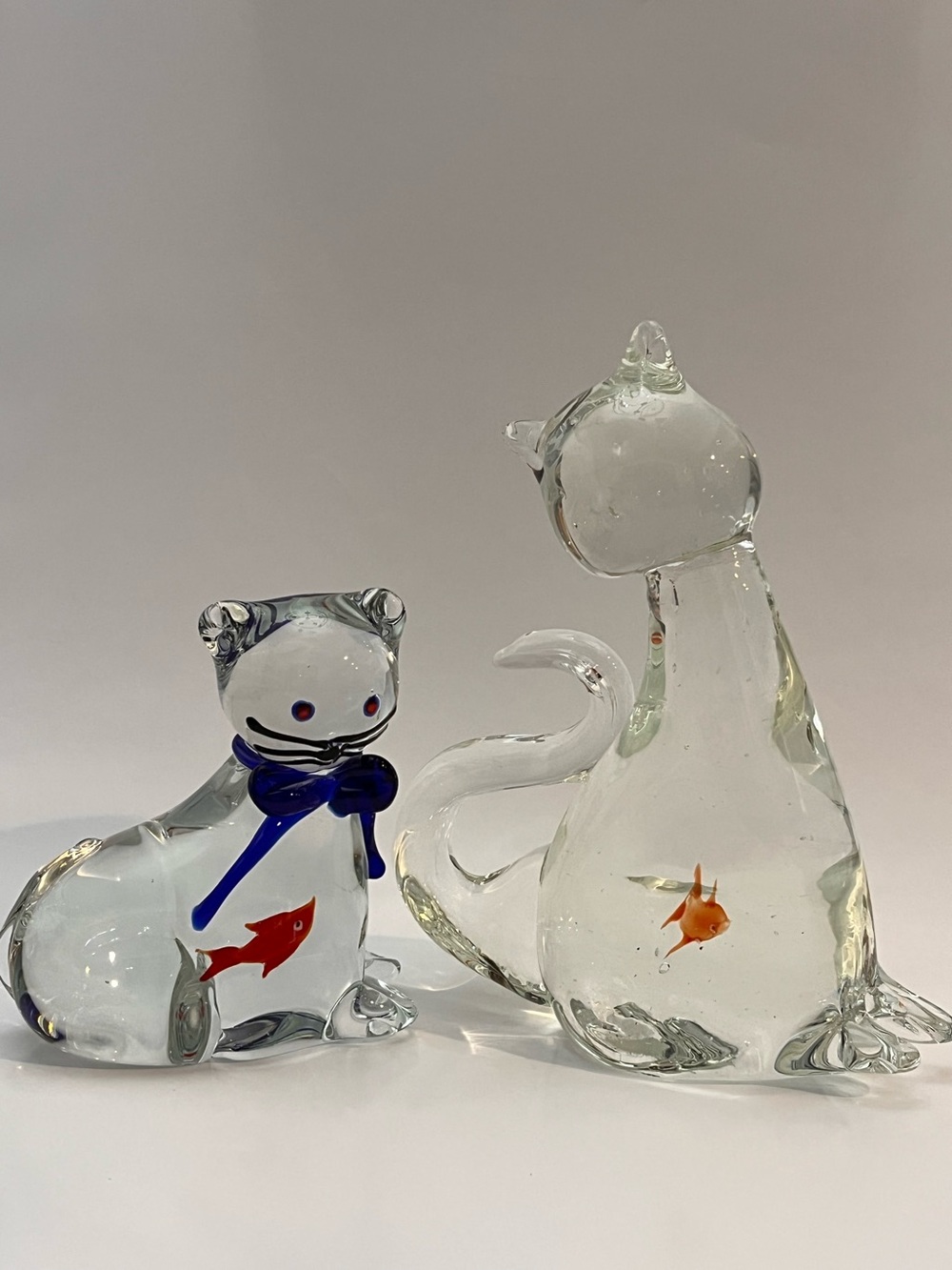 Murano Art Glass Cats With Fish LOT of TWO!